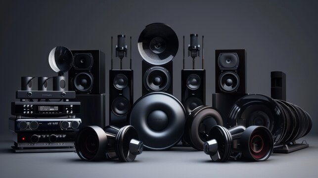 A lineup of high-end car audio components including speakers, subwoofers, and amplifiers, showcasing options for premium sound customization.