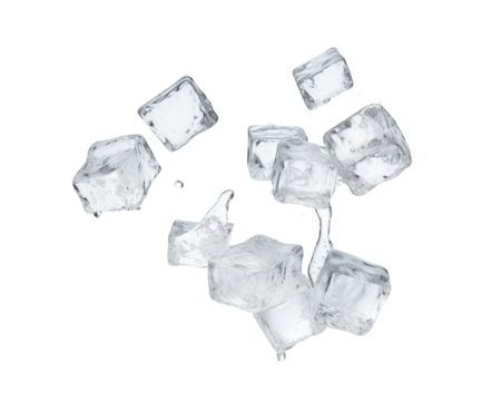 Crystal clear ice cubes floating against a white backdrop isolated on a transparent background. Generative AI