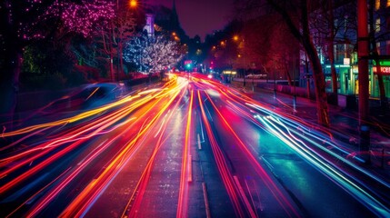 Fototapeta premium A long exposure shot of traffic lights streaking through the night sky, capturing the constant motion of urban life.