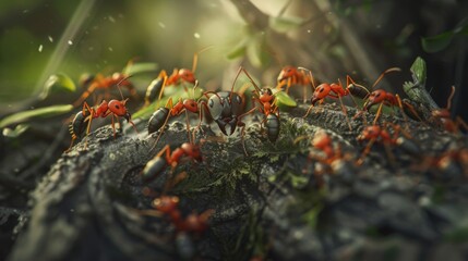 A macro image of a red ant queen surrounded by her loyal subjects, symbolizing the heart of the colony.