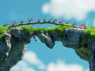 ants working together to build bridge across crevices