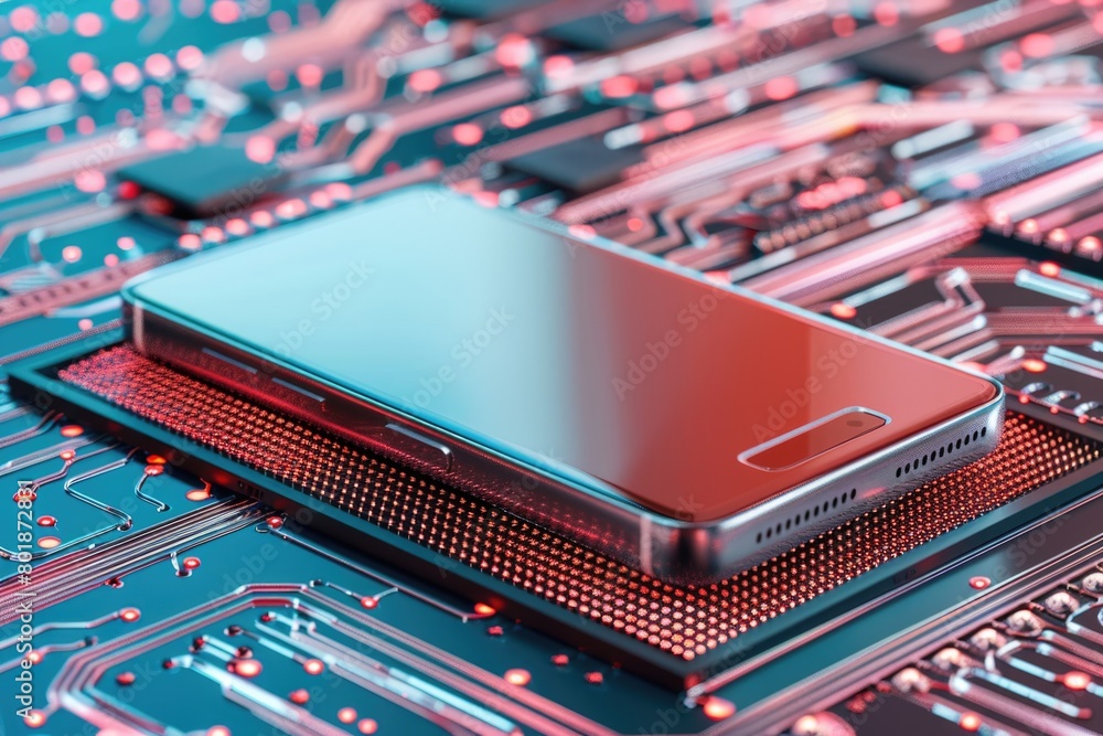 Poster close-up view of a cell phone resting on a computer motherboard, surrounded by neon symbols of new t