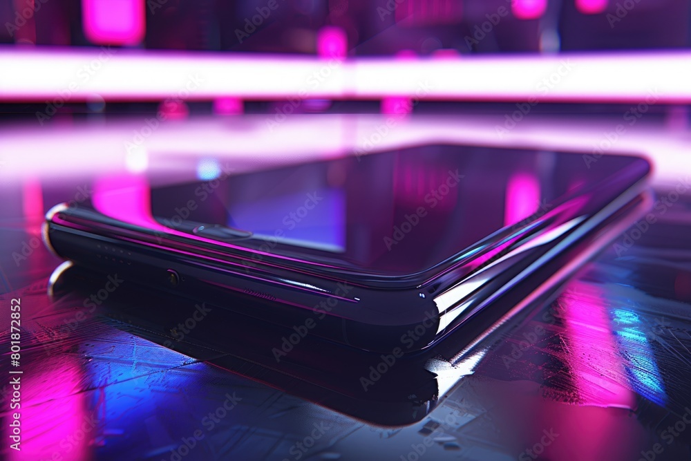 Poster Detailed view of a modern smartphone resting on a table, with symbols of new technologies in the background