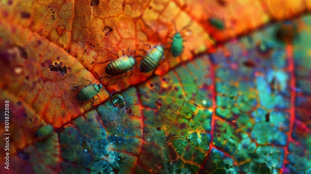 Poster A macro shot capturing the intricate details of a maple leaf with a group of tiny, iridescent beetles crawling on its surface.