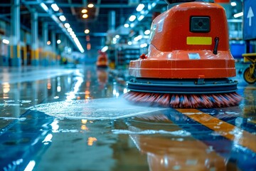An industrial floor scrubber machine cleans a dirty factory floor.