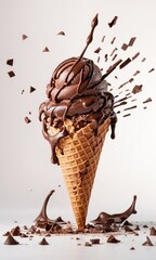 Chocolate ice cream in waffle cone with splashes on white background.