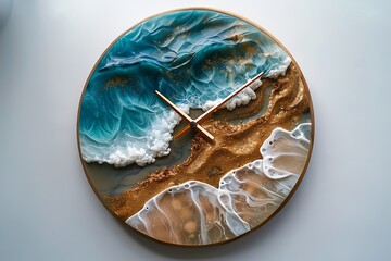 Wall clock made of resin art with sea waves and beach. Flat lay