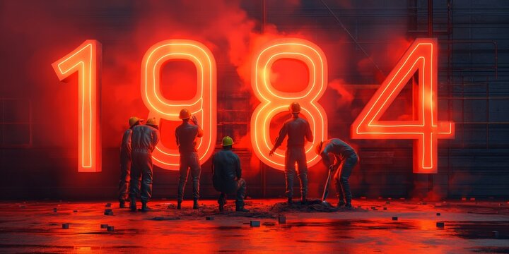 1984 Neon Sign - Large Neon Sign of the 1984 Numbers with workers looking on.
