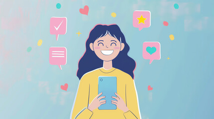 A smiling woman using a smartphone surrounded by social media icons. Digital engagement and online communication. Concept of social media interaction and online presence.