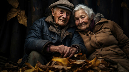 Fototapeta premium Happy Retired Elderly couple sitting amidst a pile of colorful autumn leaves and the simple pleasures