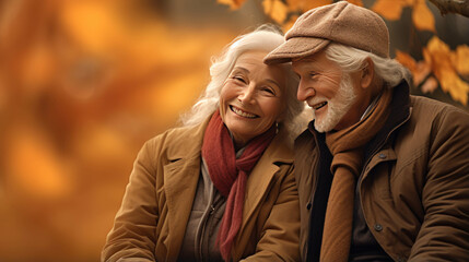Fototapeta premium Happy Retired Elderly couple sitting amidst a pile of colorful autumn leaves and the simple pleasures