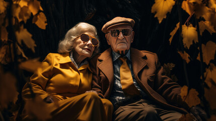 Happy Retired Elderly couple sitting amidst a pile of colorful autumn leaves and the simple pleasures