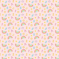 水彩で手描きした背景イラスト素材　虹と文字の柄　ピンク背景