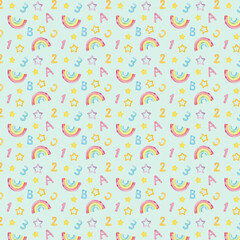 水彩で手描きした背景イラスト素材　虹と文字の柄　緑背景