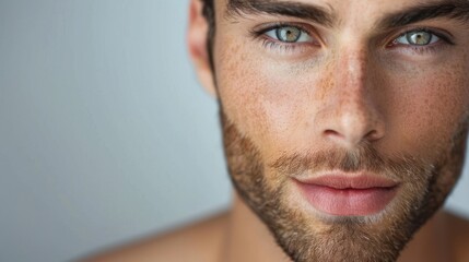 Obraz premium Close-up view of a shirtless young man showcasing striking blue eyes
