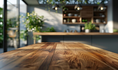 A contemporary kitchen highlighting a wooden tabletop with blurred background. Generate AI