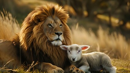 Christian symbolism of lion and lamb together representing peace and harmony. Concept Christian Symbolism, Lion and Lamb, Peace, Harmony, Biblical Imagery