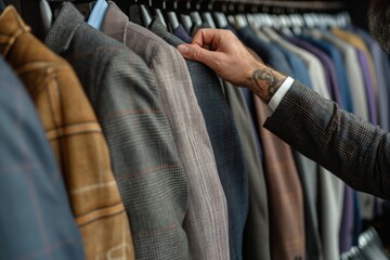 Man browsing suits in a clothing store, selecting a jacket, Concept of personal styling and modern menswear shopping
