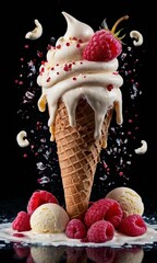 Ice cream with fresh raspberries and ice cream cone on black background.
