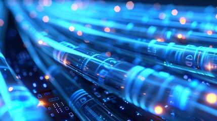 Fototapeta premium Abstract background in blue and orange colors of network patchcords. Technology and communications.