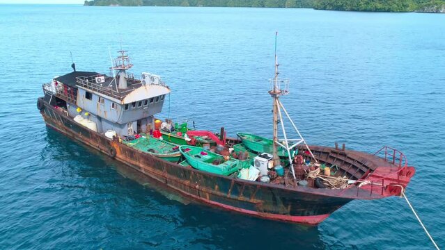 Aerial shot of illegal Chinese fishing vessel at anchor, apprehended after being caught fishing inside Palau's National Marine Sanctuary.