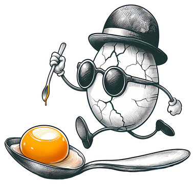 recommend clip art: A playful drawing of broken egg character with sunglasses and a bowler hat is depicted holding a spoon and surrounded by its yolk in this flat art, spoon filled with egg yolk.