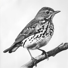 Fototapeta premium Song Thrush Pencil Sketch Hand Drawn Black and White Depiction of Turdus Philomelos on a Blank White Background
