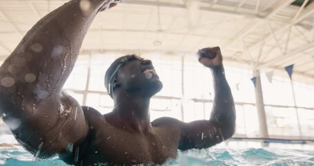 Man, winner and celebration in swimming pool for sports, goal and achievement with world record at contest. African person, athlete and champion with cheers, fist and splash at global international