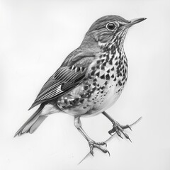 Obraz premium Song Thrush Pencil Sketch Hand Drawn Black and White Depiction of Turdus Philomelos on a Blank White Background