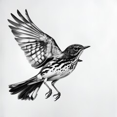 Fototapeta premium Song Thrush Pencil Sketch Hand Drawn Black and White Depiction of Turdus Philomelos on a Blank White Background