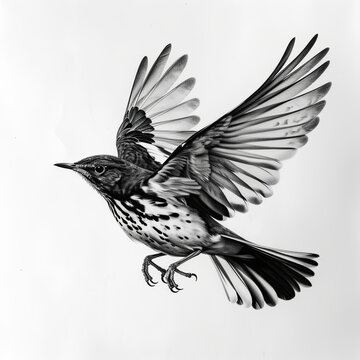 recommend clip art: Song Thrush Pencil Sketch Hand Drawn Black and White Depiction of Turdus Philomelos on a Blank White Background