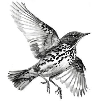 recommend clip art: Song Thrush Pencil Sketch Hand Drawn Black and White Depiction of Turdus Philomelos on a Blank White Background