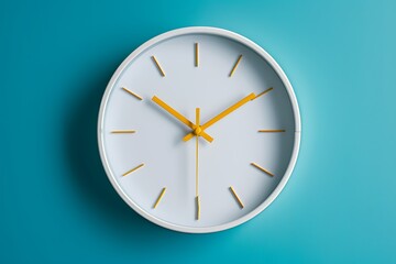 White wall clock with yellow second hand hanging on the wall. Minimalist flat lay image of plastic wall clock over blue turquiose background with copy space and central composition