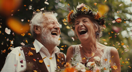 A happy old couple at their wedding, with confetti flying around them, the man has white hair and beard wearing glasses with a grey suit jacket on his shoulders as he is smiling big