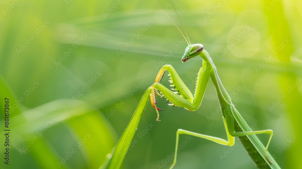 Poster a mantis nymph delicately perched on a blade of grass, its tiny form barely visible against the gree