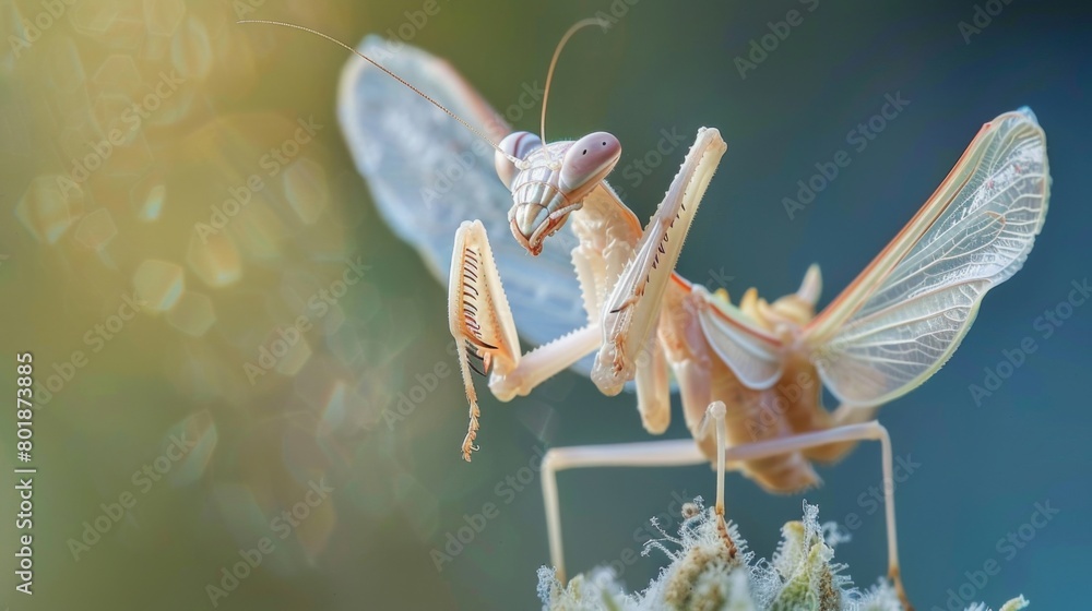 Poster a mantis nymph emerging from its cocoon, unfolding its delicate wings in preparation for its first f