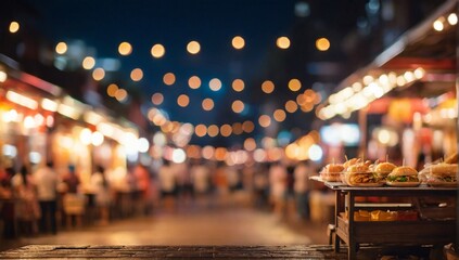 vintage tone blur image of food stall at night festival with bokeh for background usage .
