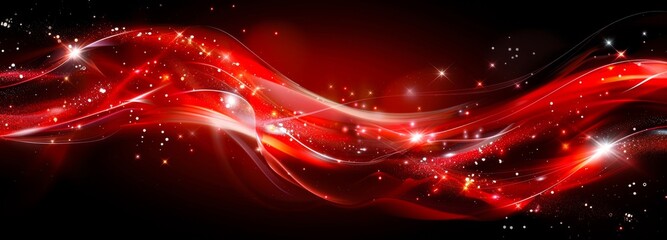 Obraz premium Vivid red abstract waves with sparkling particles and bright light streaks on a black background.