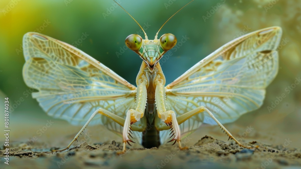 Poster a mantis nymph emerging from its cocoon, unfolding its delicate wings in preparation for its first f