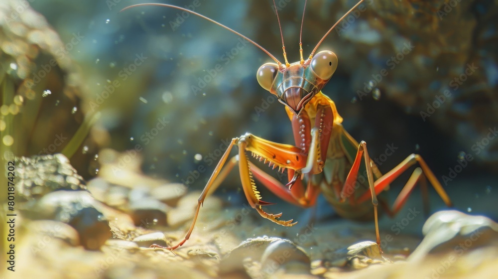 Poster a mantis nymph exploring its surroundings with cautious curiosity, antennae twitching in search of m
