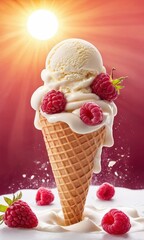 Ice cream with raspberries in a waffle cone on a red background.