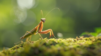 A mantis nymph exploring its surroundings with cautious curiosity, antennae twitching in search of movement.