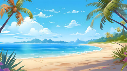 Tropical Tranquility, Sandy Shoreline under Azure Skies, Realistic Beach Landscape. Vector Background