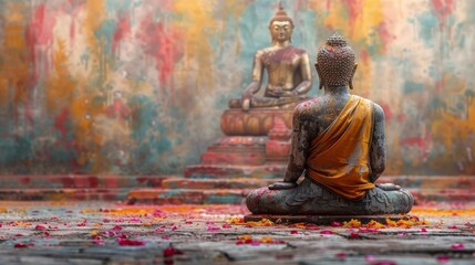 Buddha Statue Sitting in Front of Yellow Wall