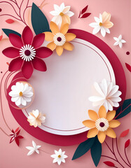Greeting Card Design with a pink background and red, yellow, and white flowers. Mother's Day Card. Copy space.
