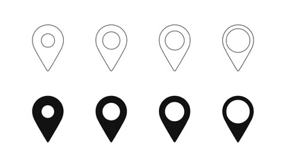 Map pointers isolated icons vector illustration. Simple pins symbols collection. Location signs set with different shapes and sizes. marker badges design, infographics, navigation and transports cards