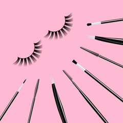 Makeup brushes set with false eyelashes. Cosmetics tools vector illustration. Lashes extensions accessories collection for beauty cards, visage salons designs. isolated on a cute pastel background.