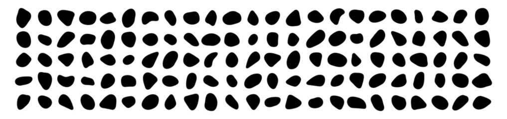 Stones vector collection, different size shapes. Black ink blot rounded shapes set. Pebble, cobblestone simple design elements. Irregular random drops. Simple rounded smooth blotch forms