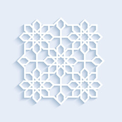 Islamic vector template decoration. Elegant arabesque in eastern style. Islam decorative relief symbol. Geometric floral 3d motif for vintage interior designs, arabic holidays cards. White color.