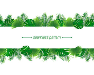 Tropical seamless border frame. vector illustration. Rainforest foliage repeated wallpaper. Jungle plants template banner. Green template pattern with tropic palm leaf, monstera. Summer background.